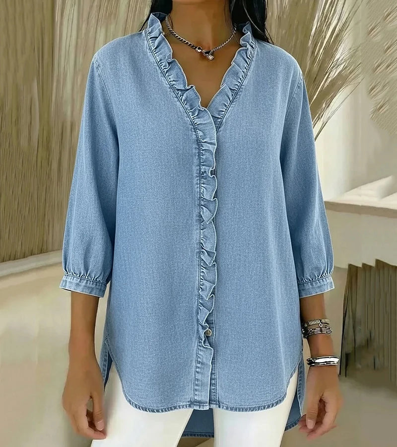Clémence™ — Blouse fluide col V volanté
